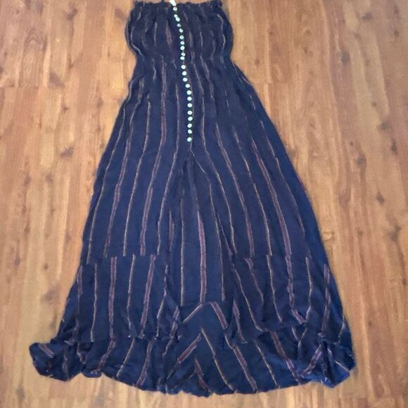 Elan navy pinstriped strapless gauze peasant maxi dress size S resort wear - Picture 1 of 7